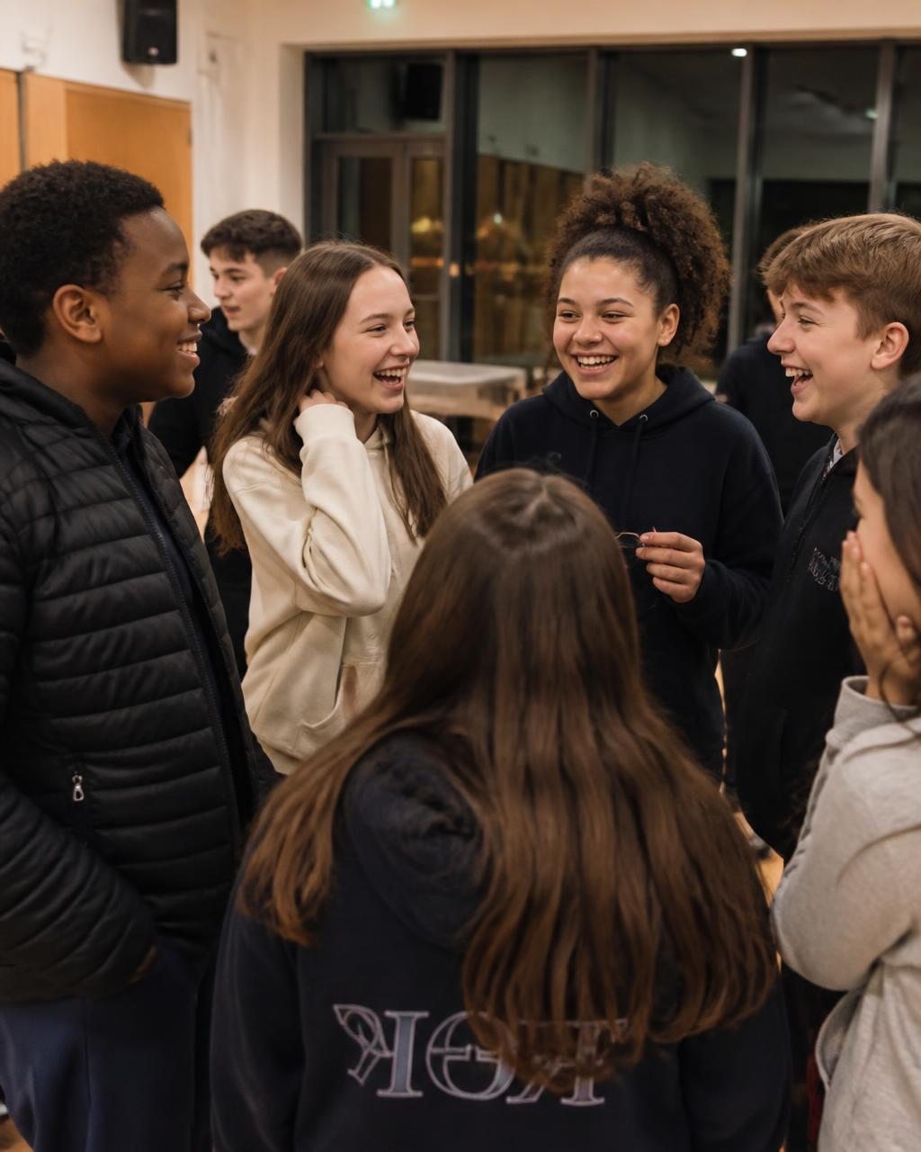 Young people laughing together at a youth club evening